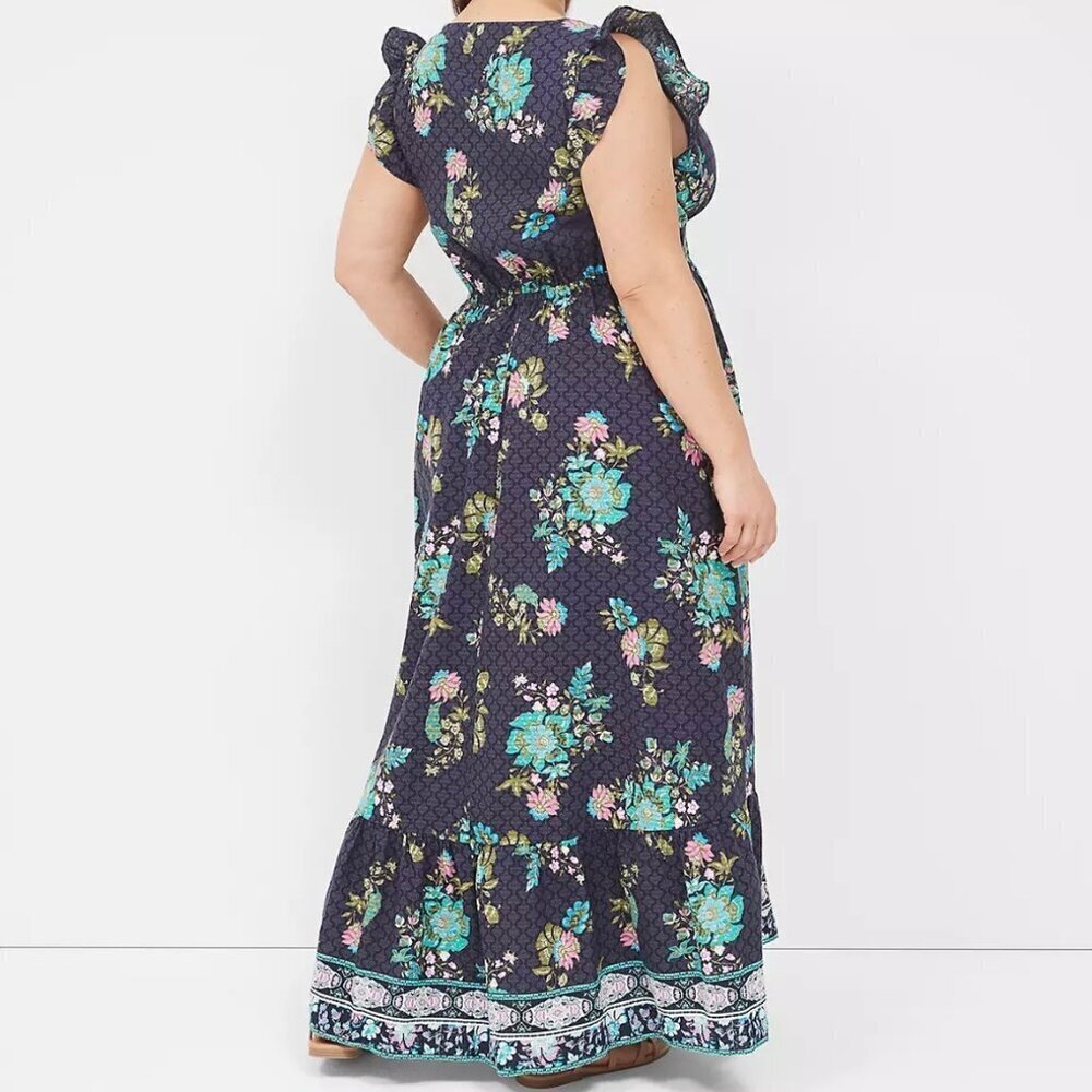 Lane Bryant 14 Flutter Sleeve Maxi Dress Floral Button Front Flowy - Picture 2 of 9